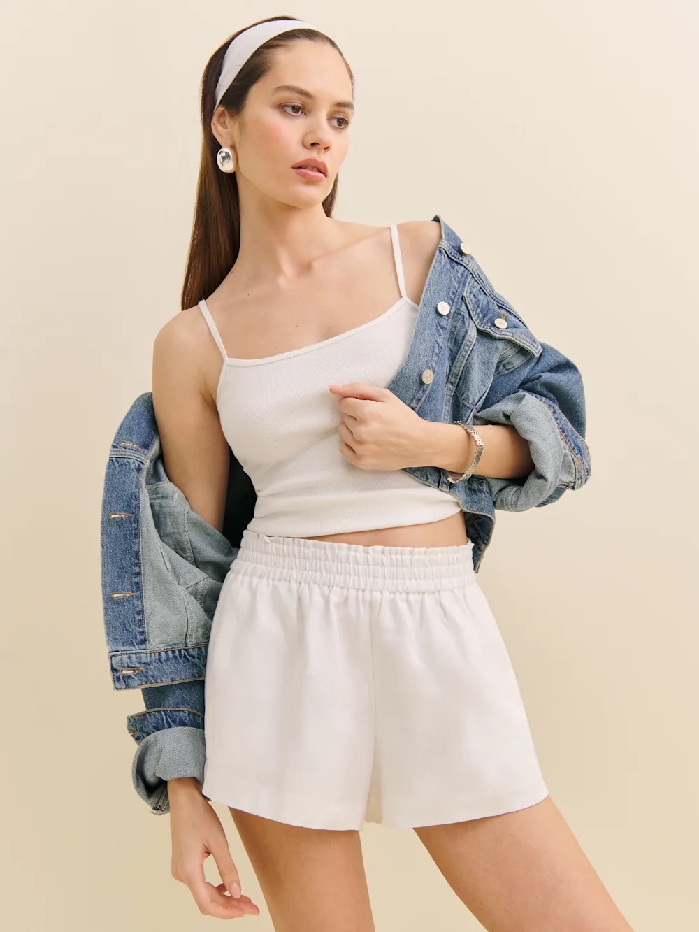 Reformation Mia White 100% Linen Smocked Waist Shorts Size S Summer